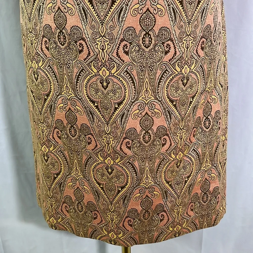 Talbots Pink Yellow & Metallic Gold Jacquard Print Silk Blend Pencil Skirt